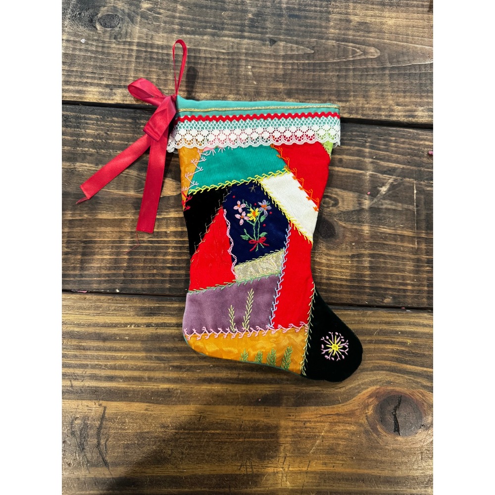 Handmade Patchwork Christmas Stocking Multicolor Velvet Lace Crazy Quilt Boho